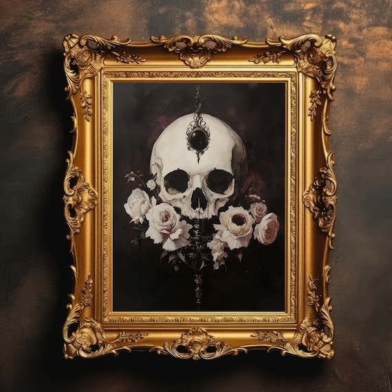 Gothic Skull and Roses, Dark Academia Art Print