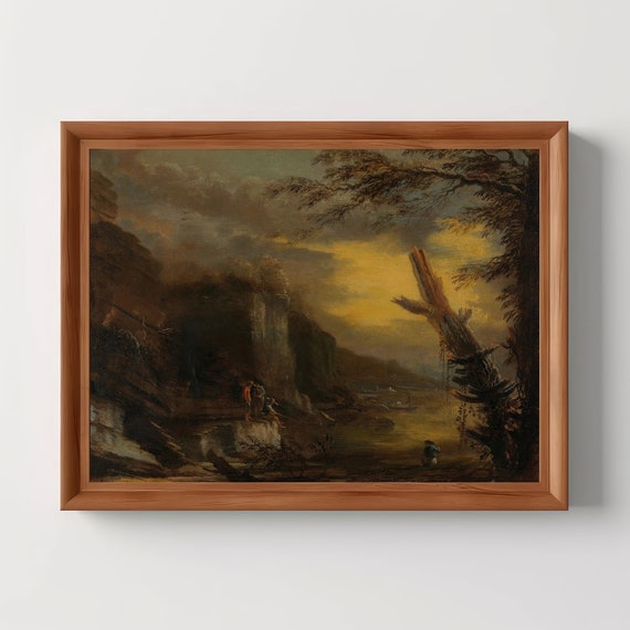 Rocky Coast Fishing Landscape Rustic Vintage Antique Oil Painting Dark Academia Moody Wall Art