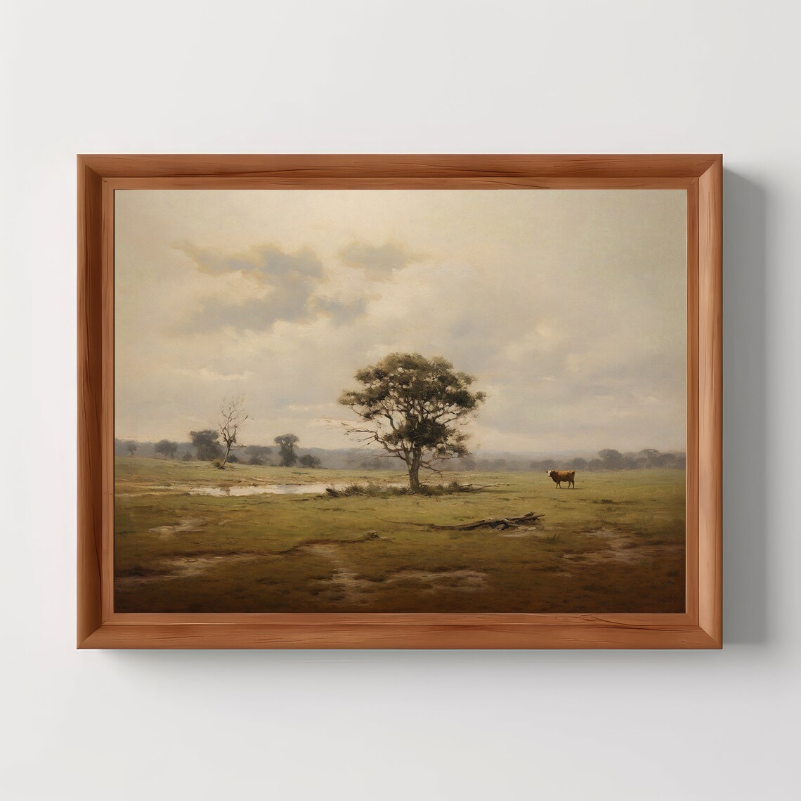 Lone Cow Grazing in a Misty Meadow Vintage Pastoral Oil Poster