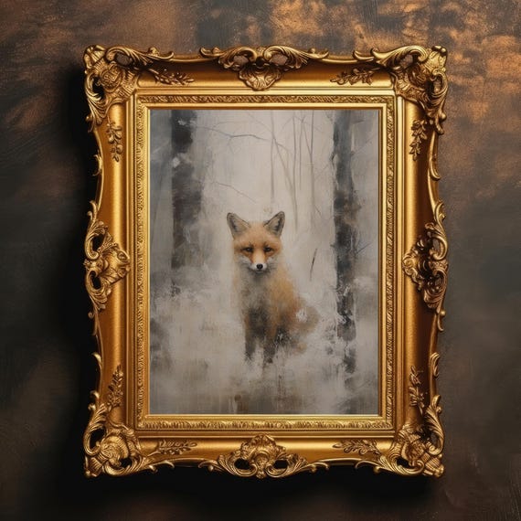 Muted Fox Portrait Vintage Winter Landscape Moody Wall Art Nature Snow Animal Print