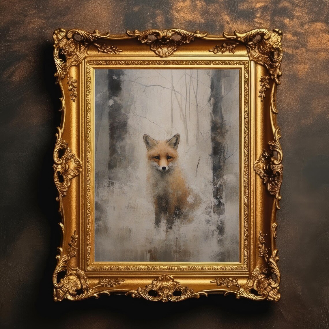 Red Fox in Snowy Winter Forest Vintage Wildlife Painting Poster