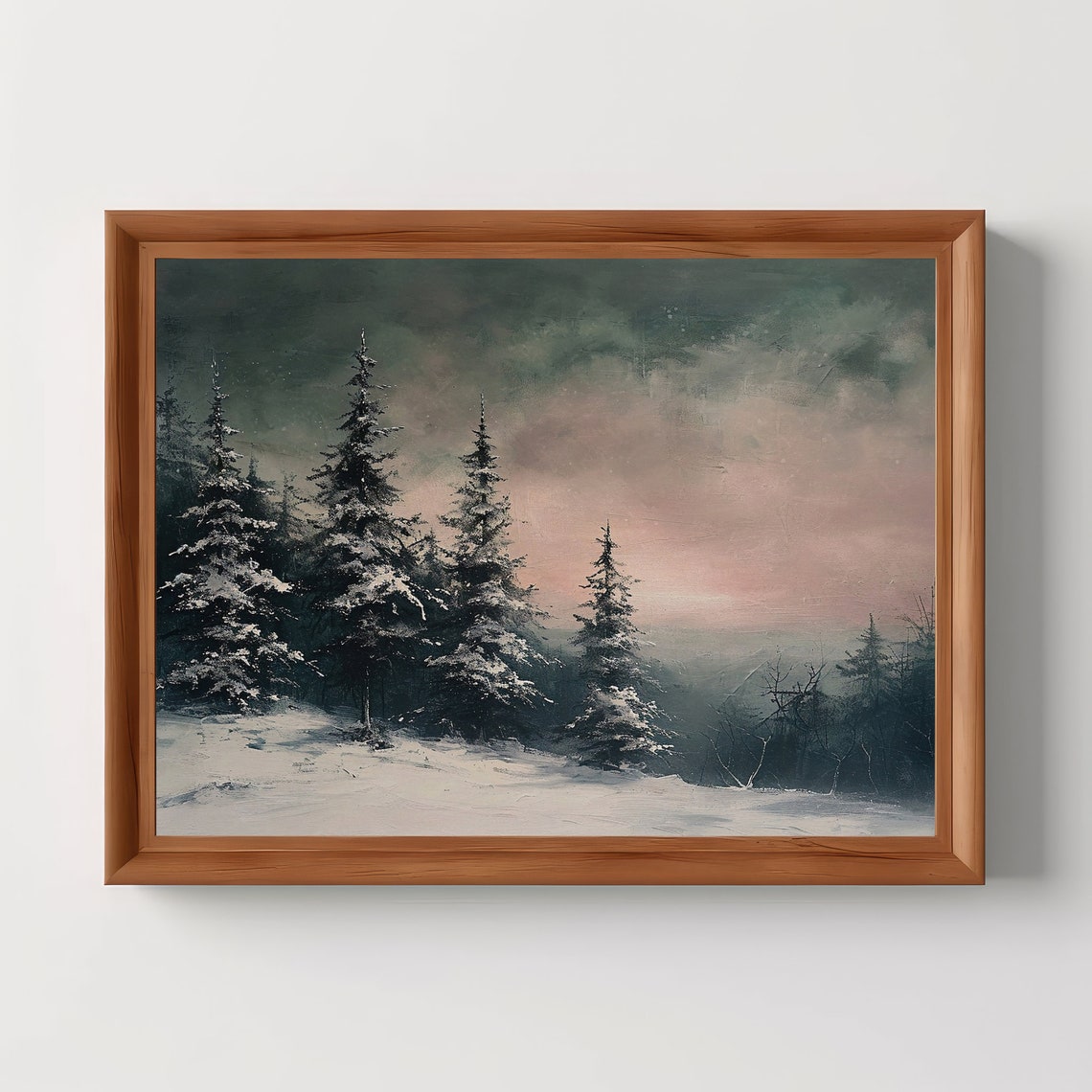 Winter Evergreen Trees Snowy Sunset Moody Forest Landscape Art Print