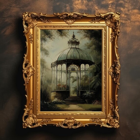 Victorian Glass Conservatory Moody Dark Botanical Greenhouse Poster