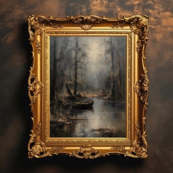 Misty Forest Lake Art Rustic Boat Painting Dark Moody Landscape Academia Gothic Cabin Decor