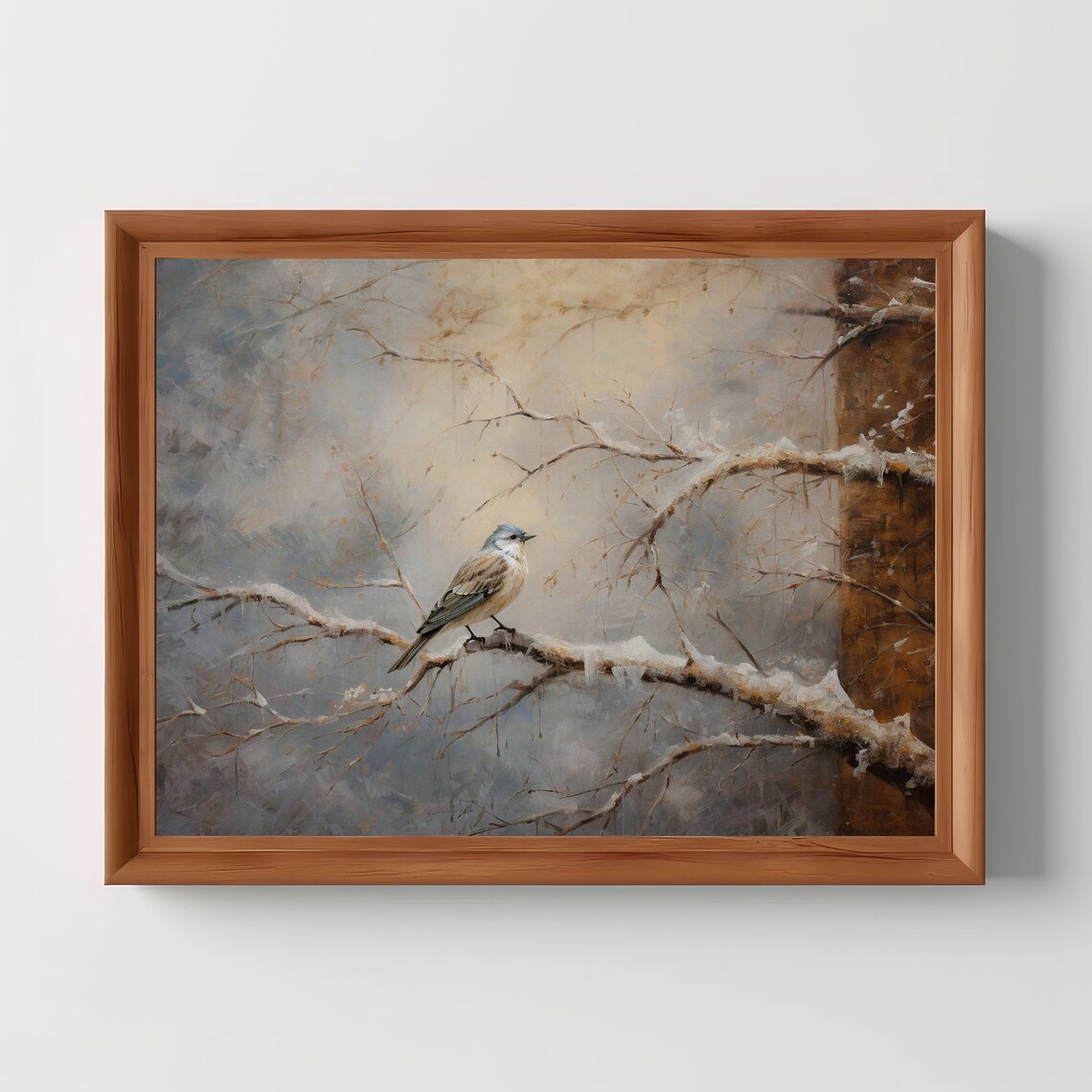 Winter Bird On Snowy Branch Vintage Moody Oil Painting Poster