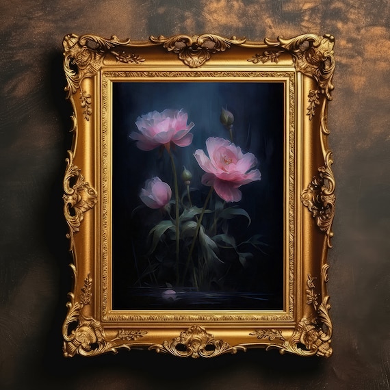 Pink Anemones Blooming On Dark Moody Botanical Oil Painting Print