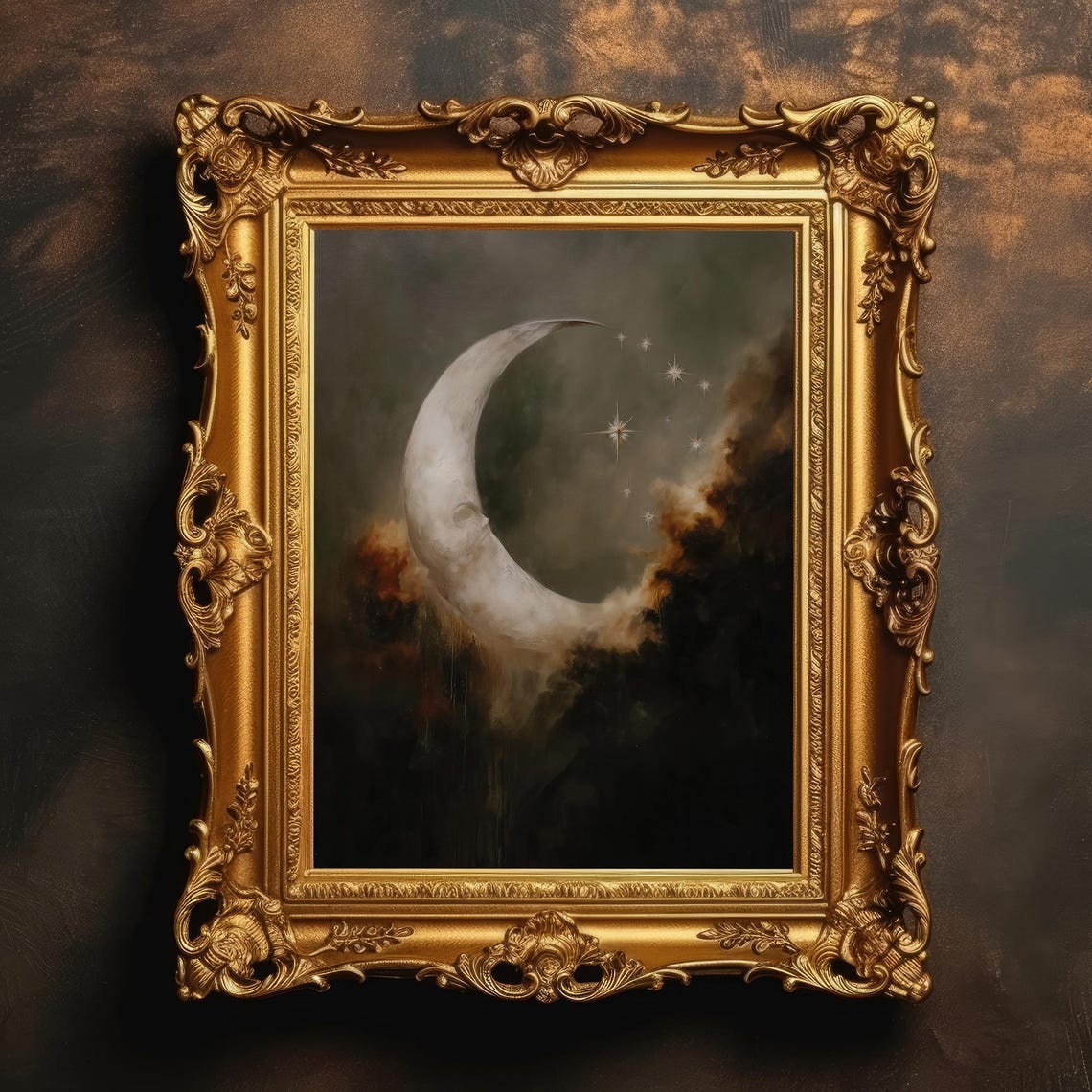 Crescent Moon and Stars Moody Night Sky Dark Academia Celestial Poster