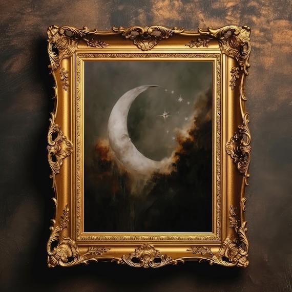 Crescent Moon and Stars Moody Night Sky Dark Academia Celestial Poster