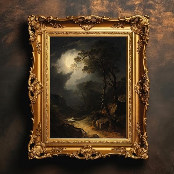 Moonlit Forest Landscape Vintage Painting Dark Academia Classical Realism Gothic Decor Moody Wall Art