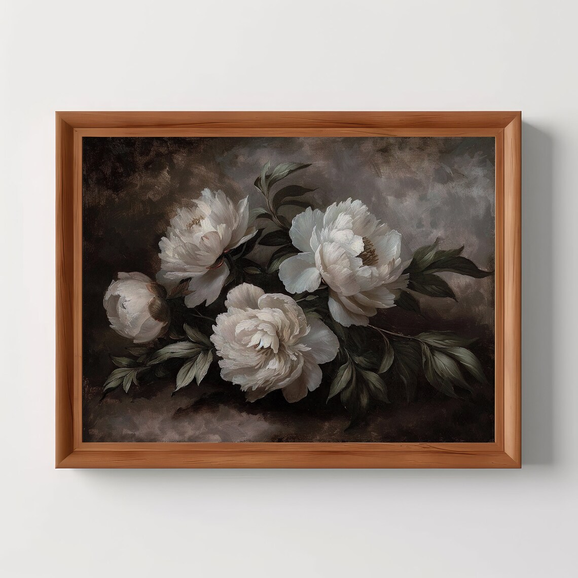 White Peonies Moody Oil Painting Dark Floral Vintage Botanical Poster