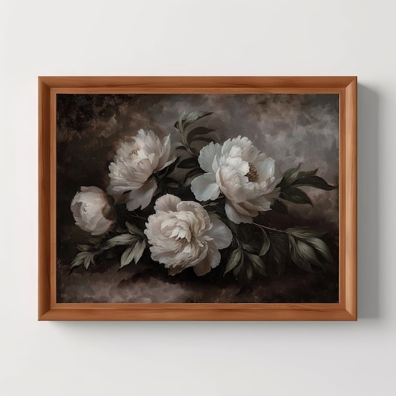 White Peonies Moody Oil Painting Dark Floral Vintage Botanical Poster