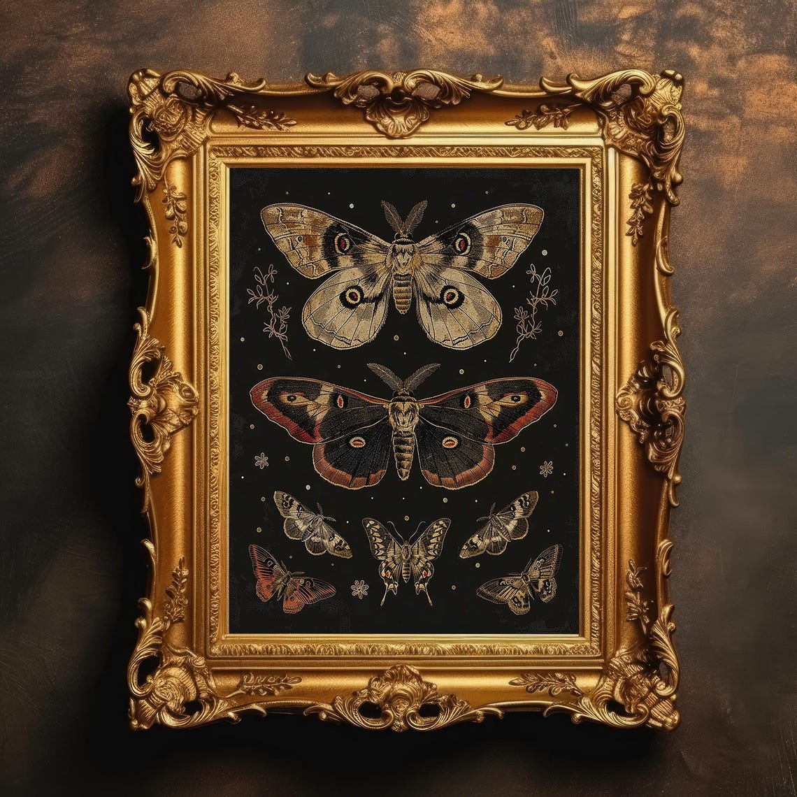 Vintage Moth Study Black Background Gothic Entomology Art Poster