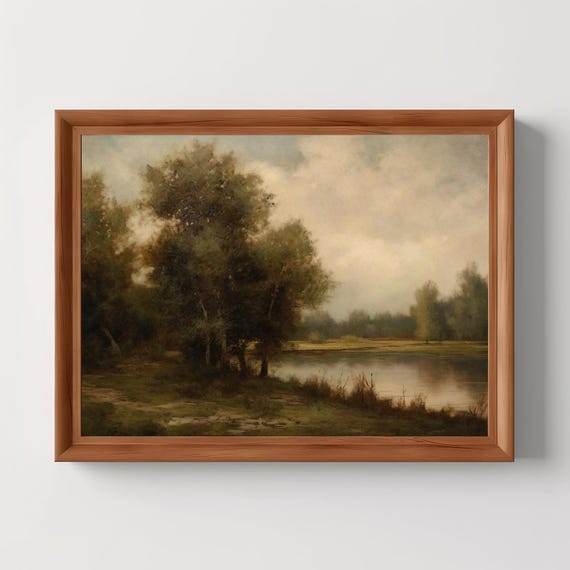 Serene Lakeside Vintage Landscape Print Antique Oil Painting Farmhouse Moody Home Decor