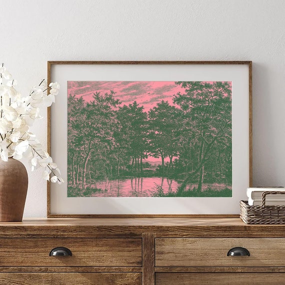 Landscape Poster Surreal Decor Pink And Green Trees Lake Color