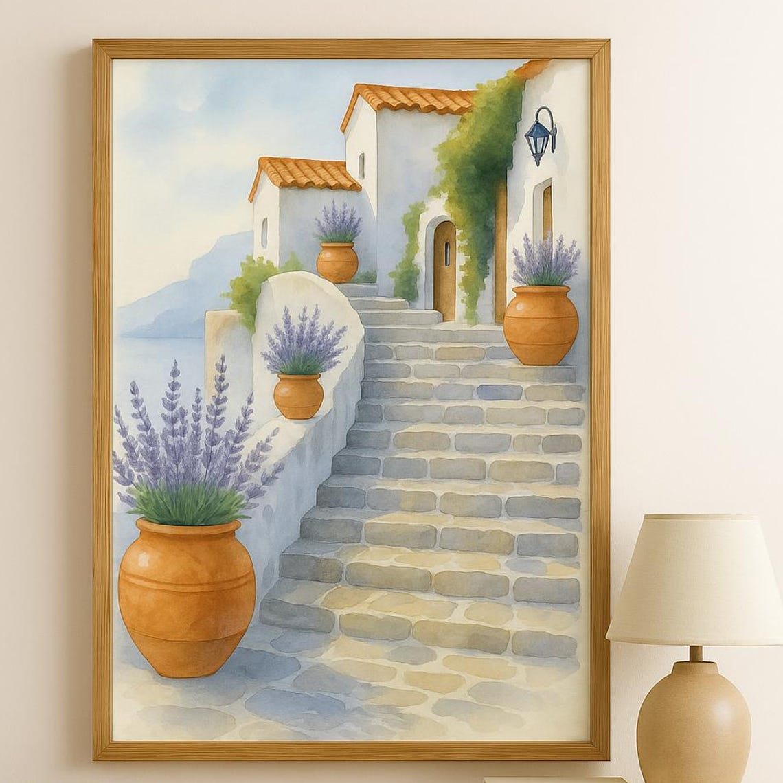 Mediterranean Steps Watercolor Art Print with Lavender Terracotta Pots