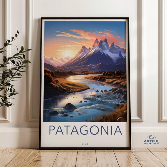 Wall Art Chile Poster Nature Landscape Print Mountain And River Artwork Sunset Scene Travel Decor Scenic View
