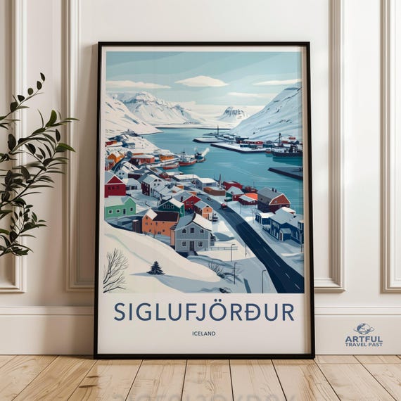 Siglufjoerdur Iceland Print Winter Landscape Art Snowy Village Wall Scandinavian Decor Coastal Town Illustration