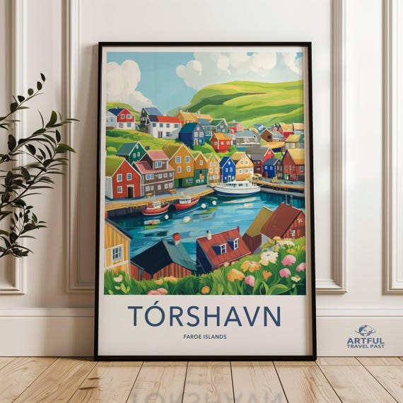 Torshavn Wall Art Faroe Islands Print Colorful Houses Poster Coastal Town Artwork Travel Decor Scandinavian Landscape Illustration