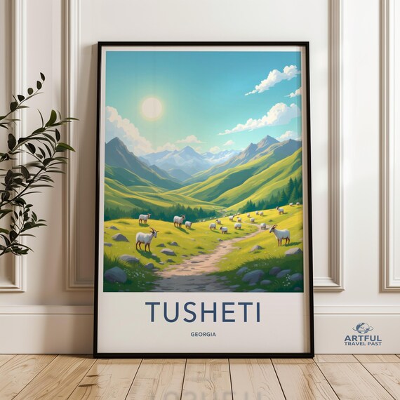 Tusheti Georgia Mountain Valley Poster Green Hills Grazing Sheep Art