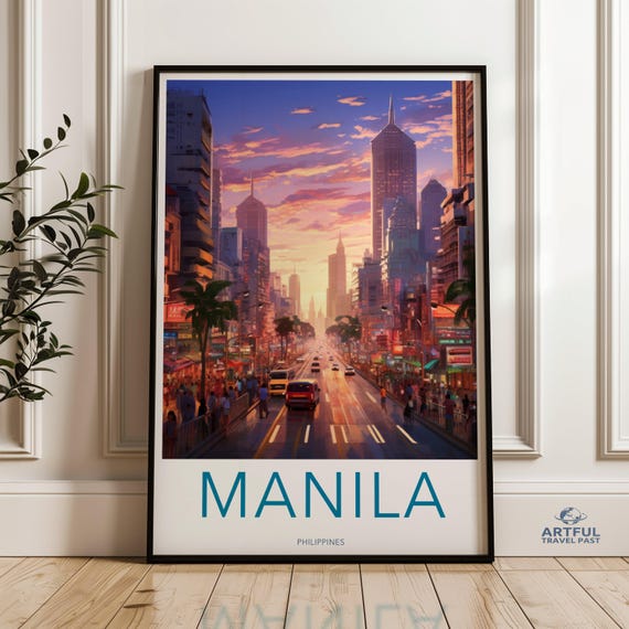 Manila Cityscape Art Print Vibrant Sunset Skyline Urban Philippines Wall Decor Modern City Architecture Colorful Street Scene