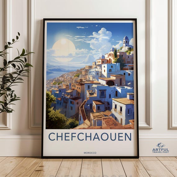 Chefchaouen Framed Poster Blue City Wall Art Moroccan Cityscape Vibrant Urban Landscape Mediterranean Decor