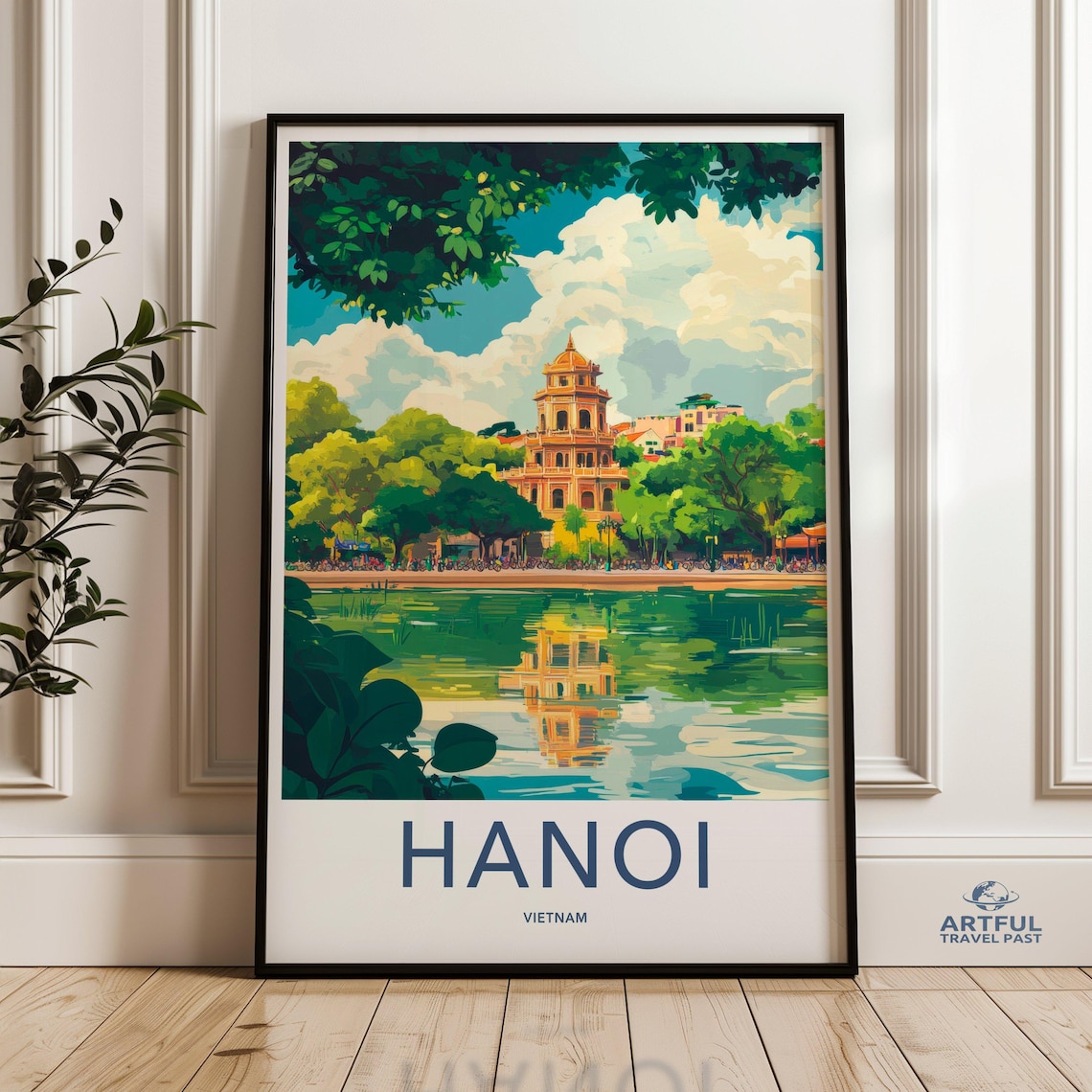 Vintage Hanoi Vietnam Travel Poster Lakeside Temple Reflection Art