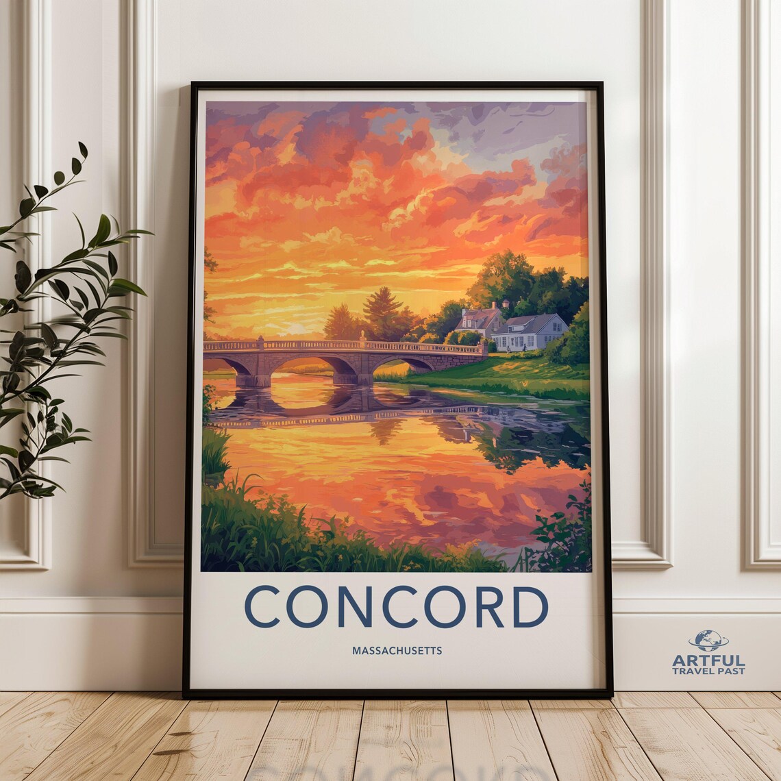 Concord Massachusetts Sunset Poster with Stone Bridge and River Reflection
