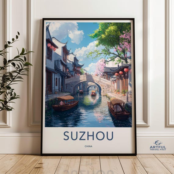 Suzhou China Wall Art Asian Canal Scene Chinese Architecture Print Blooming Cherry Trees Boat Ride Travel Poster Home Decor
