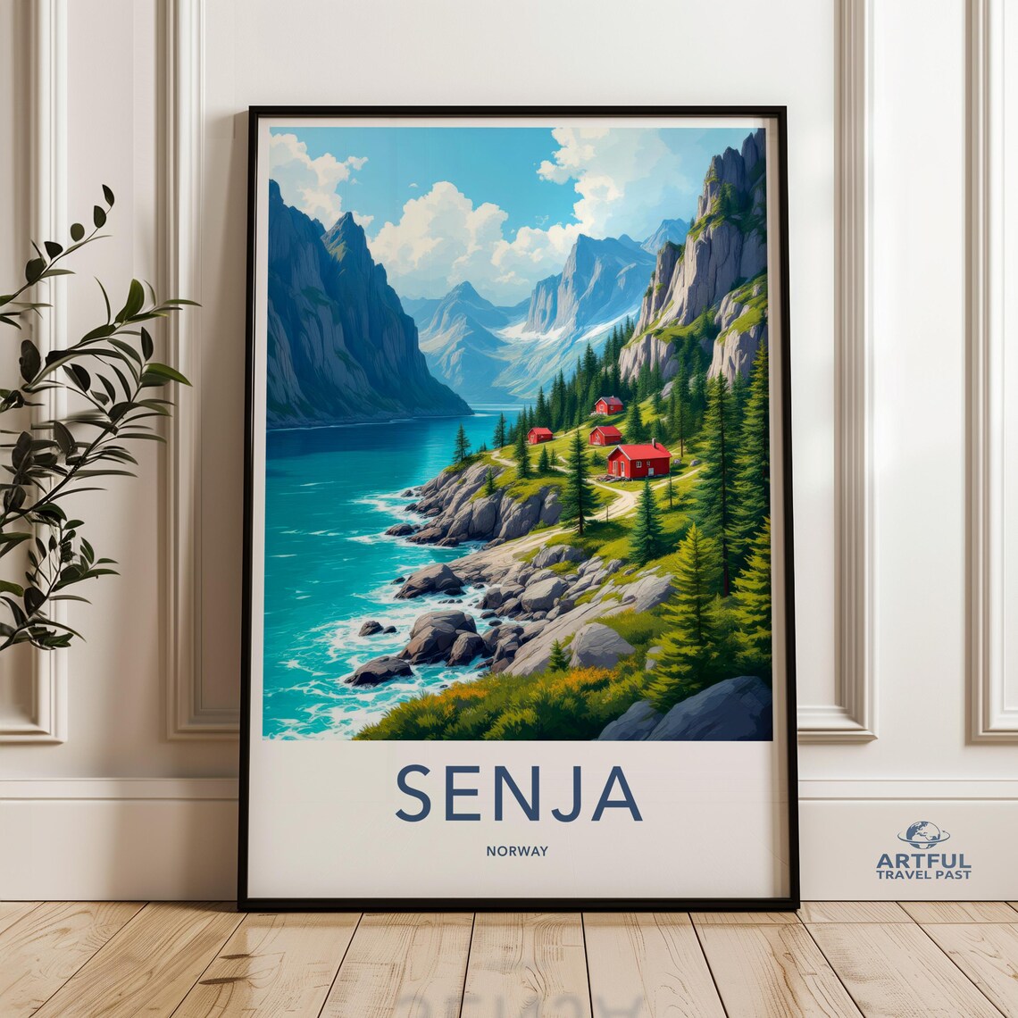 Senja Norway Fjord Red Cabins Mountain Coast Travel Art Poster