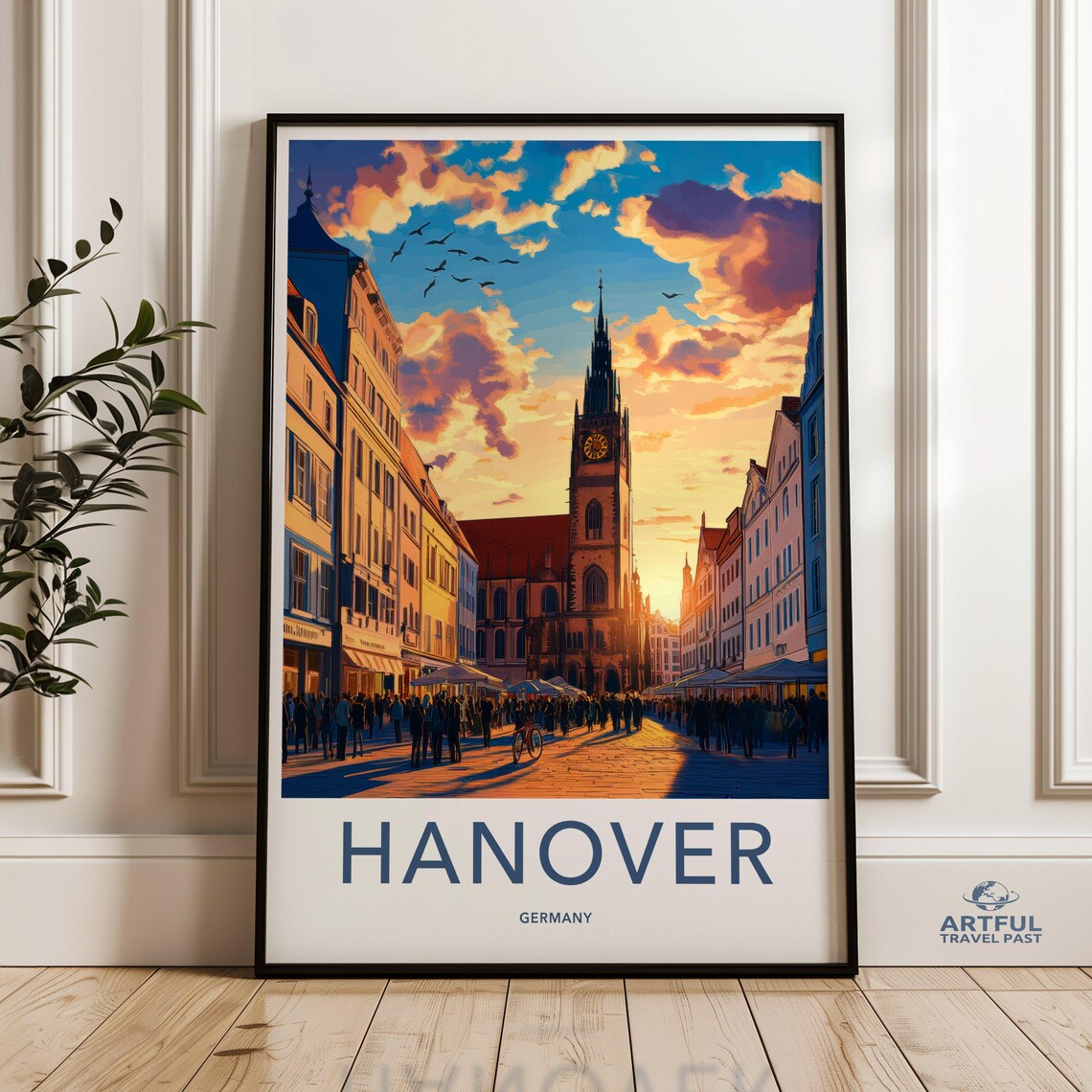Hanover Germany Old Town Sunset Square Clock Tower City Travel Poster