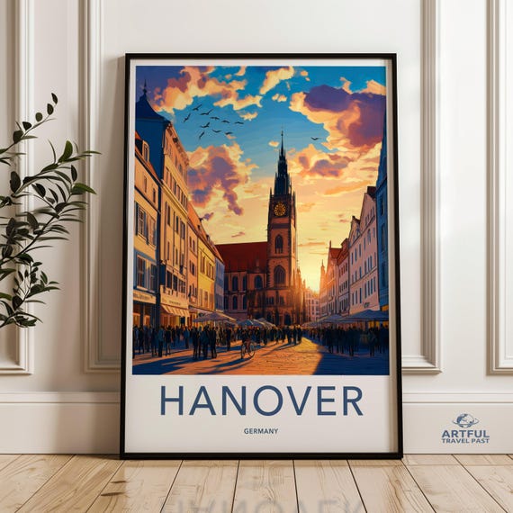 Hanover Germany Cityscape Print Sunset Skyline Wall Art Modern Home Decor Poster Vibrant City Street Illustration European Travel