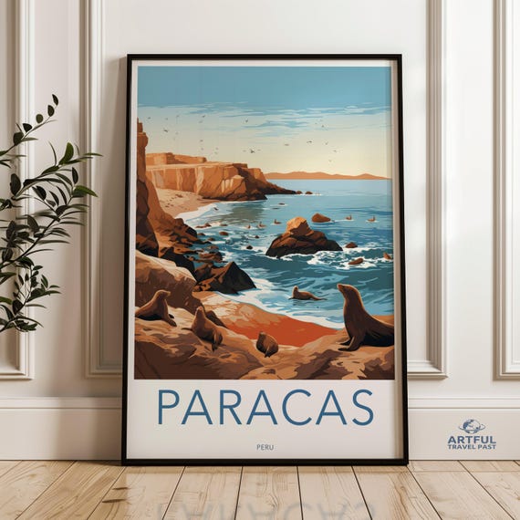 Scenic Wall Art Coastal Landscape Print Ocean View Poster Natural Beauty Home Decor Paracas Peru Artwork Sea Lion Illustration