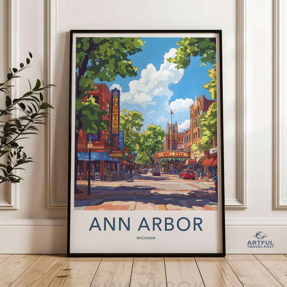Ann Arbor Michigan Wall Art City Skyline Print Vibrant Urban Landscape Home Decor Travel Poster Colorful Street Scene