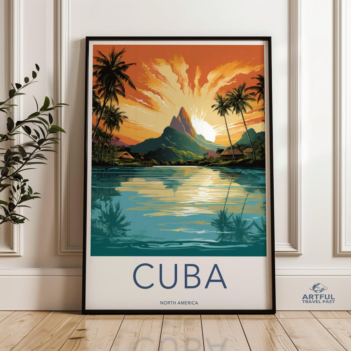 Cuba Sunset Lagoon Palm Trees Travel Poster Tropical Island Scene