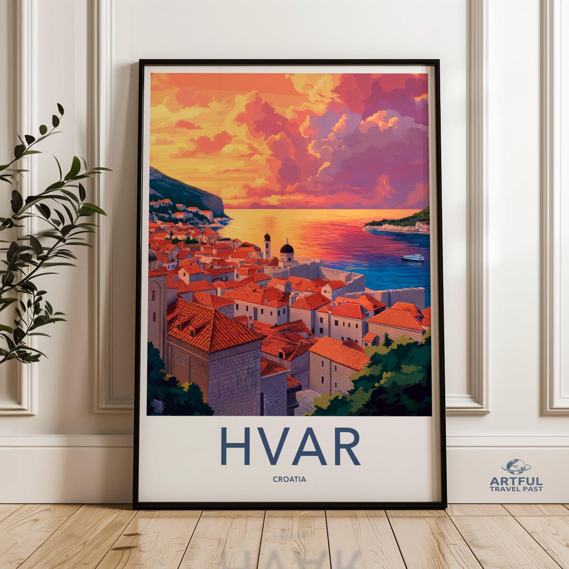 Hvar Croatia Travel Poster Sunset Over Old Town Red Roofs Art