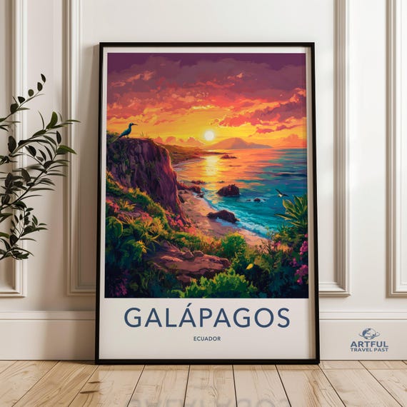 Galapagos Islands Sunset Wall Art Ecuador Coastal Landscape Print Vibrant Nature Scene Home Decor Travel Inspired Artwork