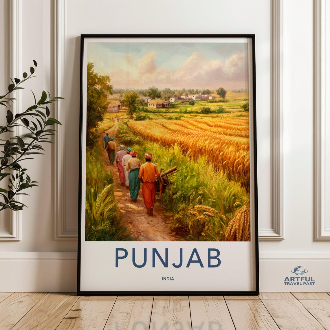 Punjab India Farmers Walking Village Path Wheat Fields Poster