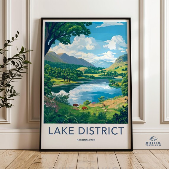 Lake District National Park Lake Mountains Deer Travel Poster