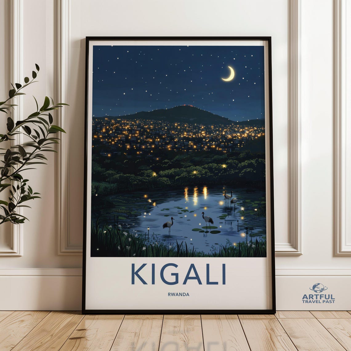 Kigali Rwanda Starry Night City Lights Wetland Travel Poster