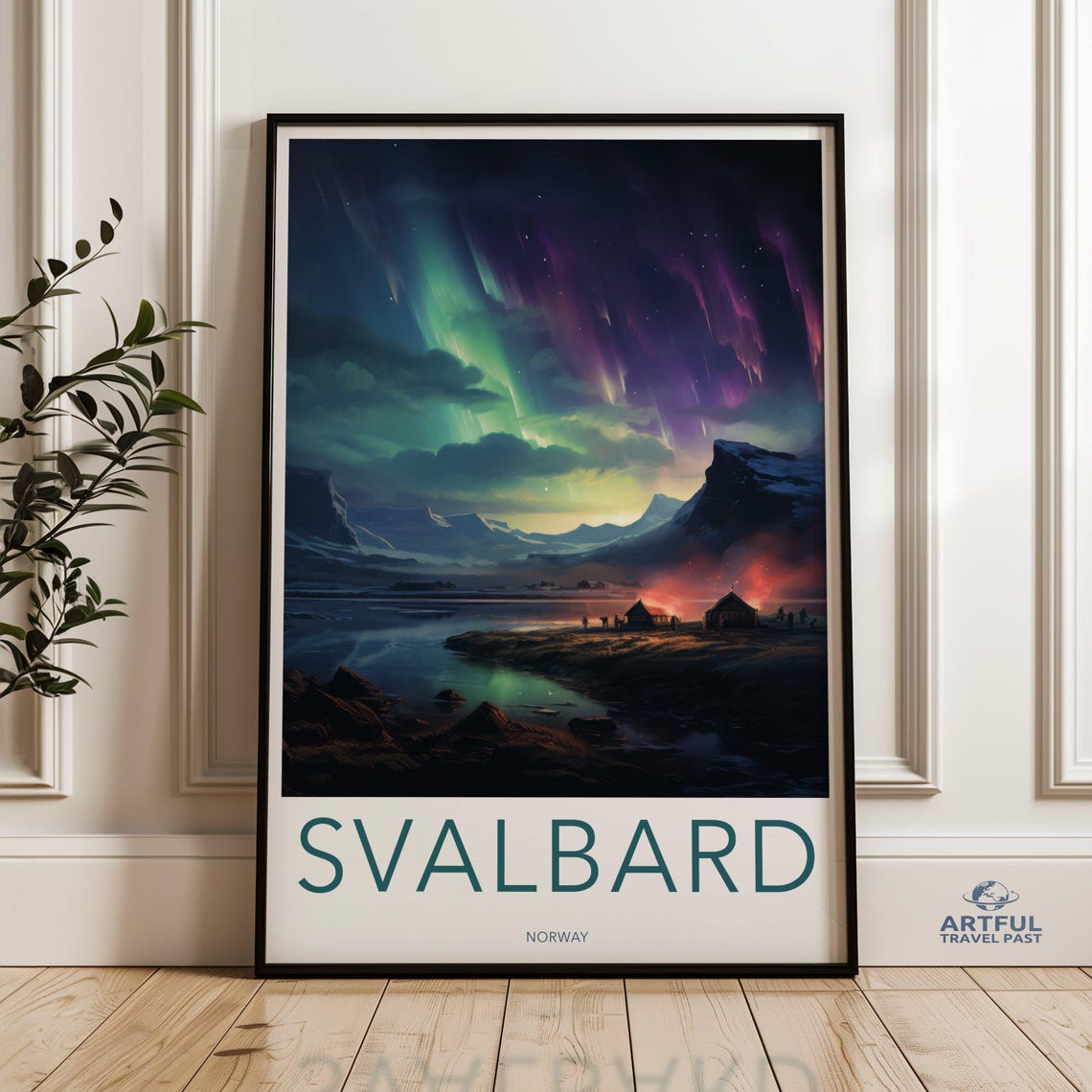 Svalbard Norway Northern Lights Arctic Fjord Cabins Night Sky Poster