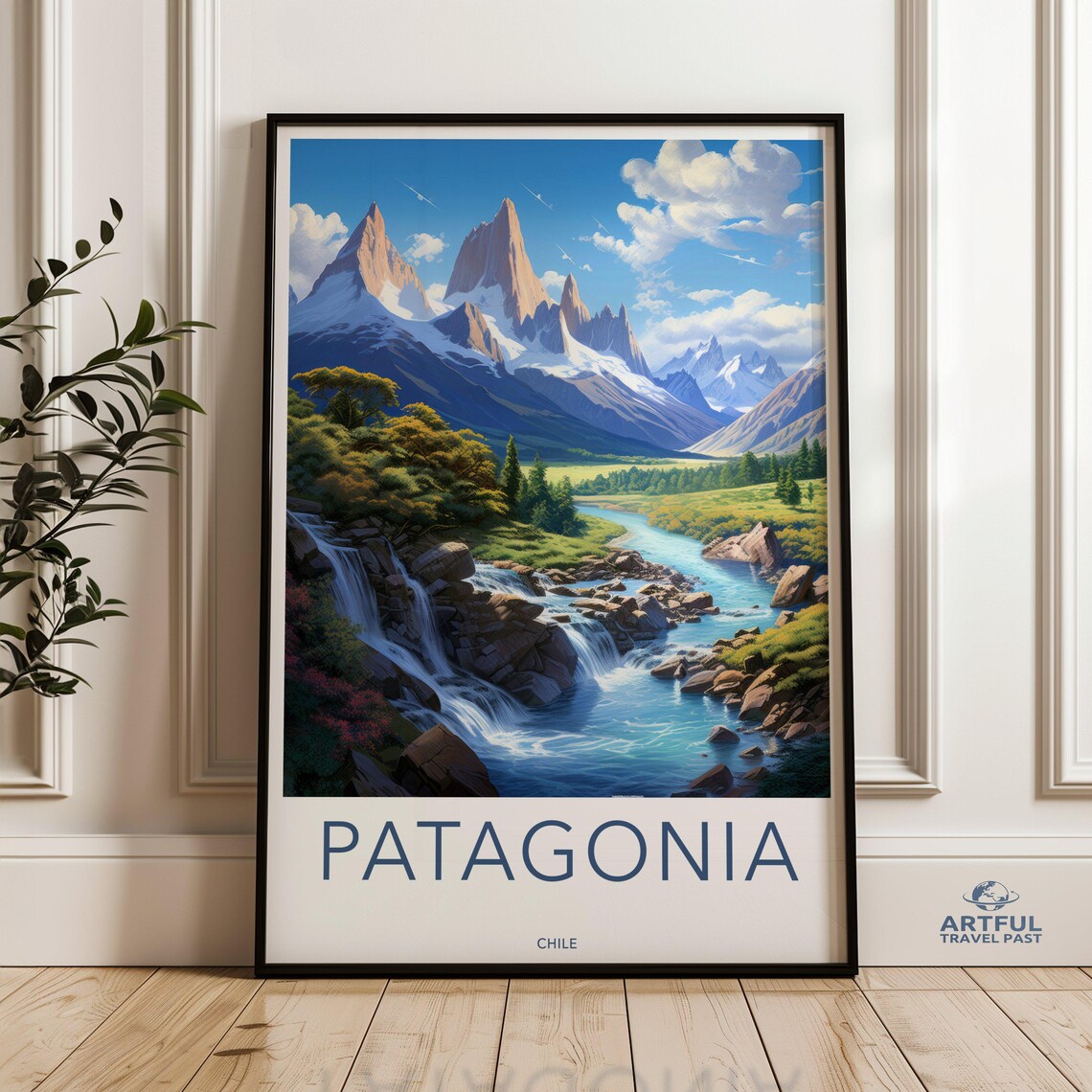 Patagonia Chile Mountain Peaks Waterfall Vintage Travel Poster