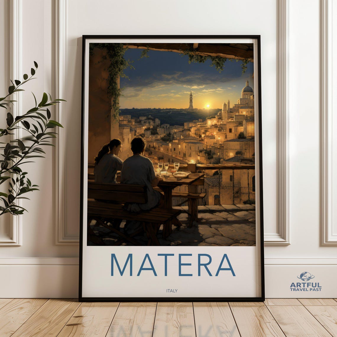 Matera Italy Travel Poster Romantic Sunset Terrace Dinner Old Town