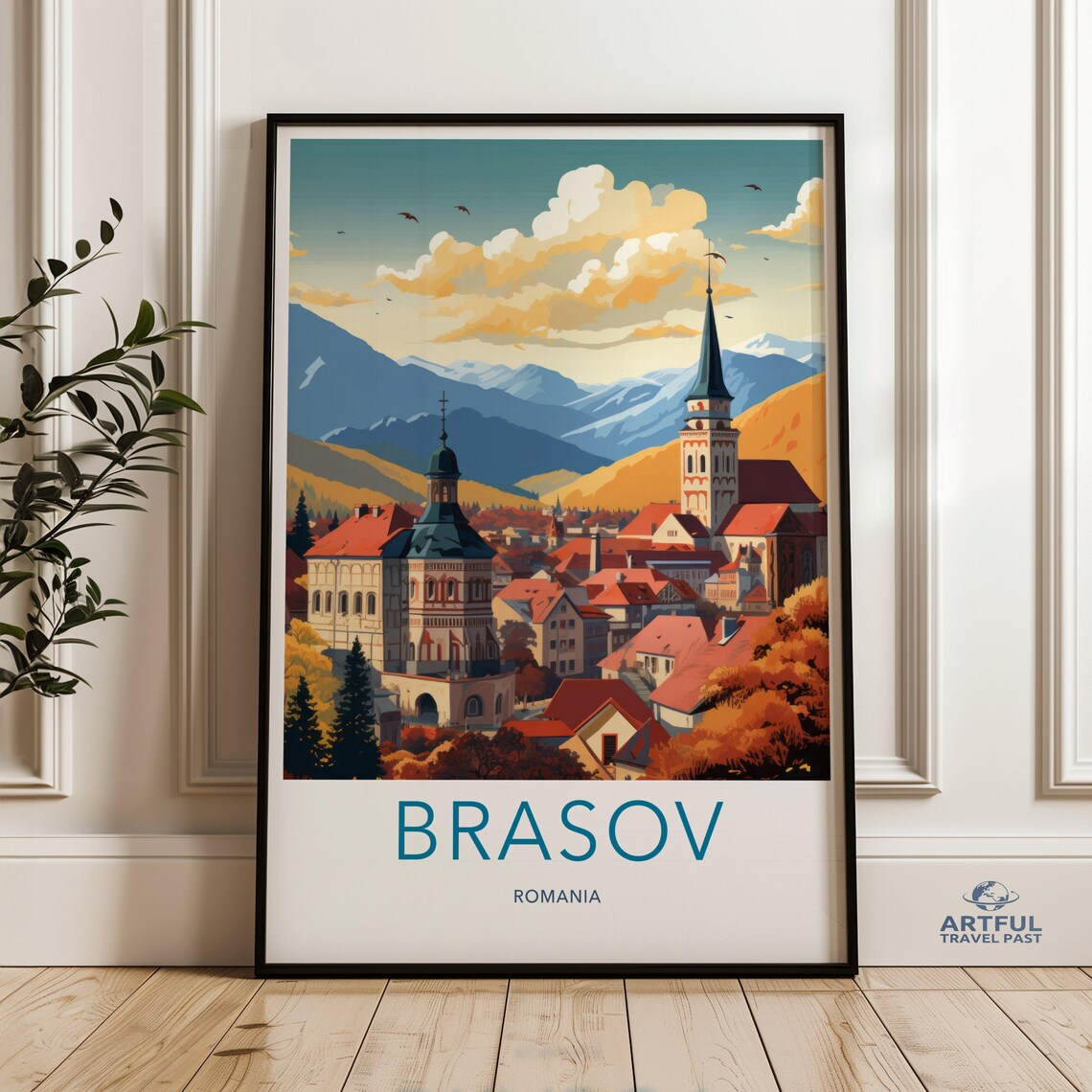 Brasov Romania Autumn Old Town Churches Vintage Travel Poster