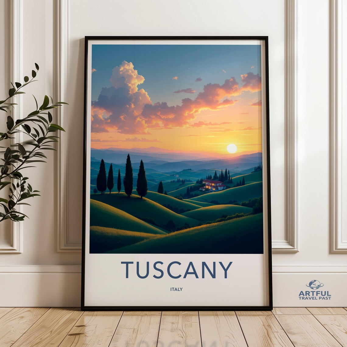 Tuscany Italy Travel Poster Sunset Cypress Hills Farmhouse Art