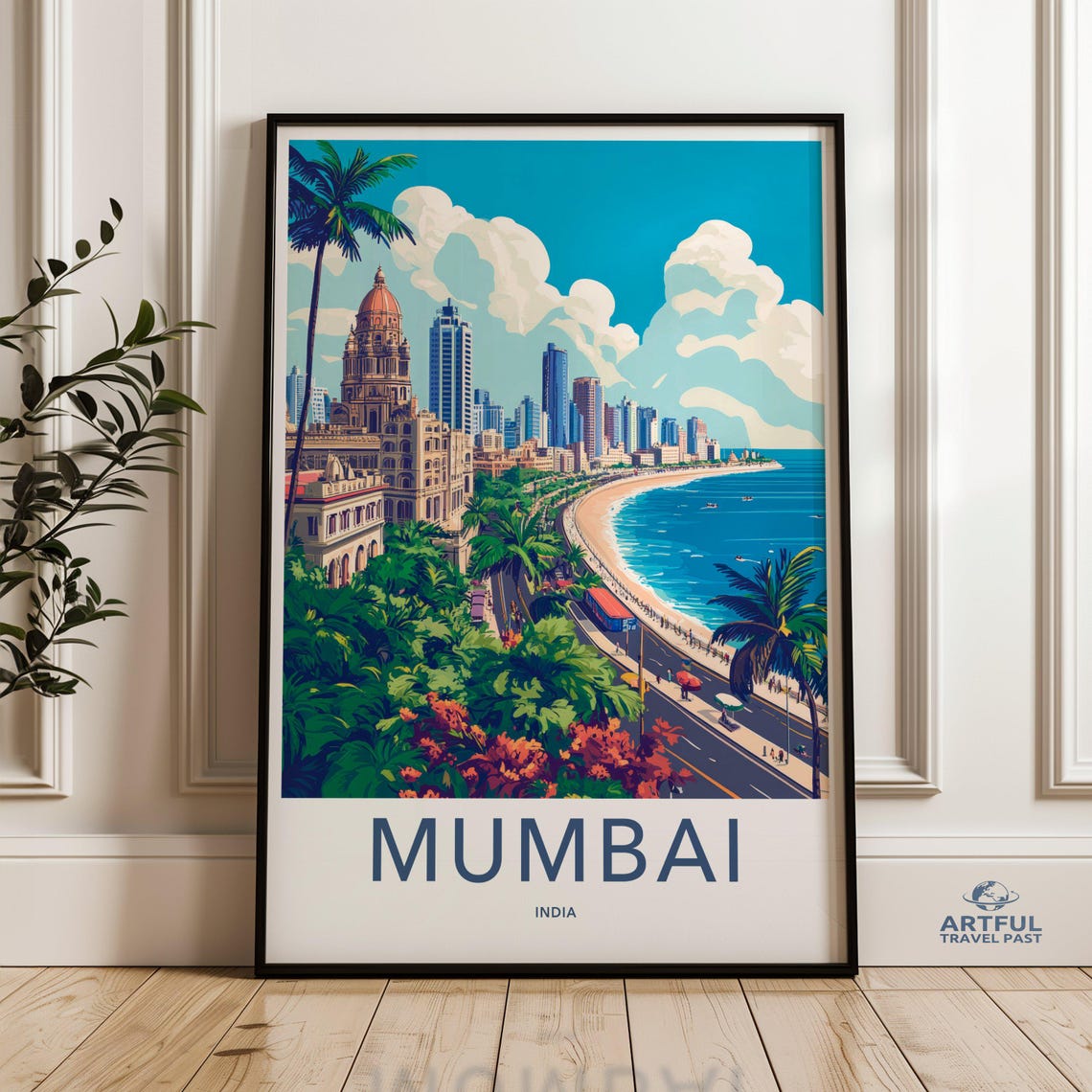 Mumbai India Curving Beachfront Skyline Vintage Travel Poster