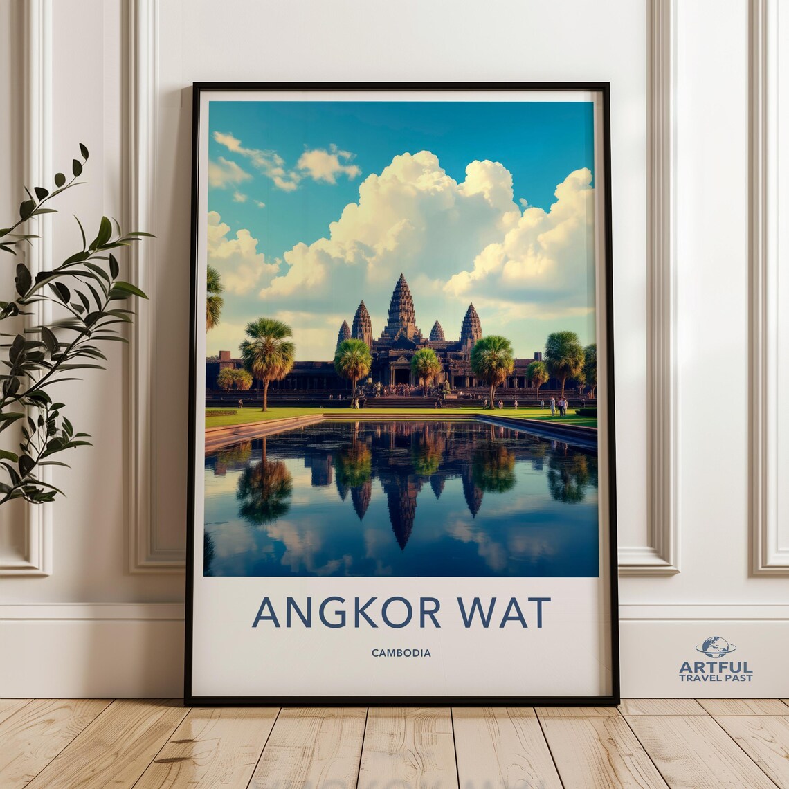 Angkor Wat Cambodia Temple Reflection Pool Vintage Travel Art Poster
