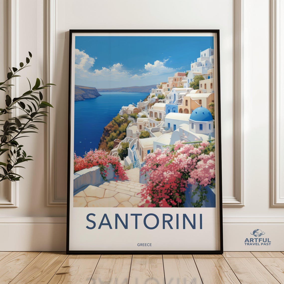 Santorini Greece White Blue Domes Caldera View Travel Poster