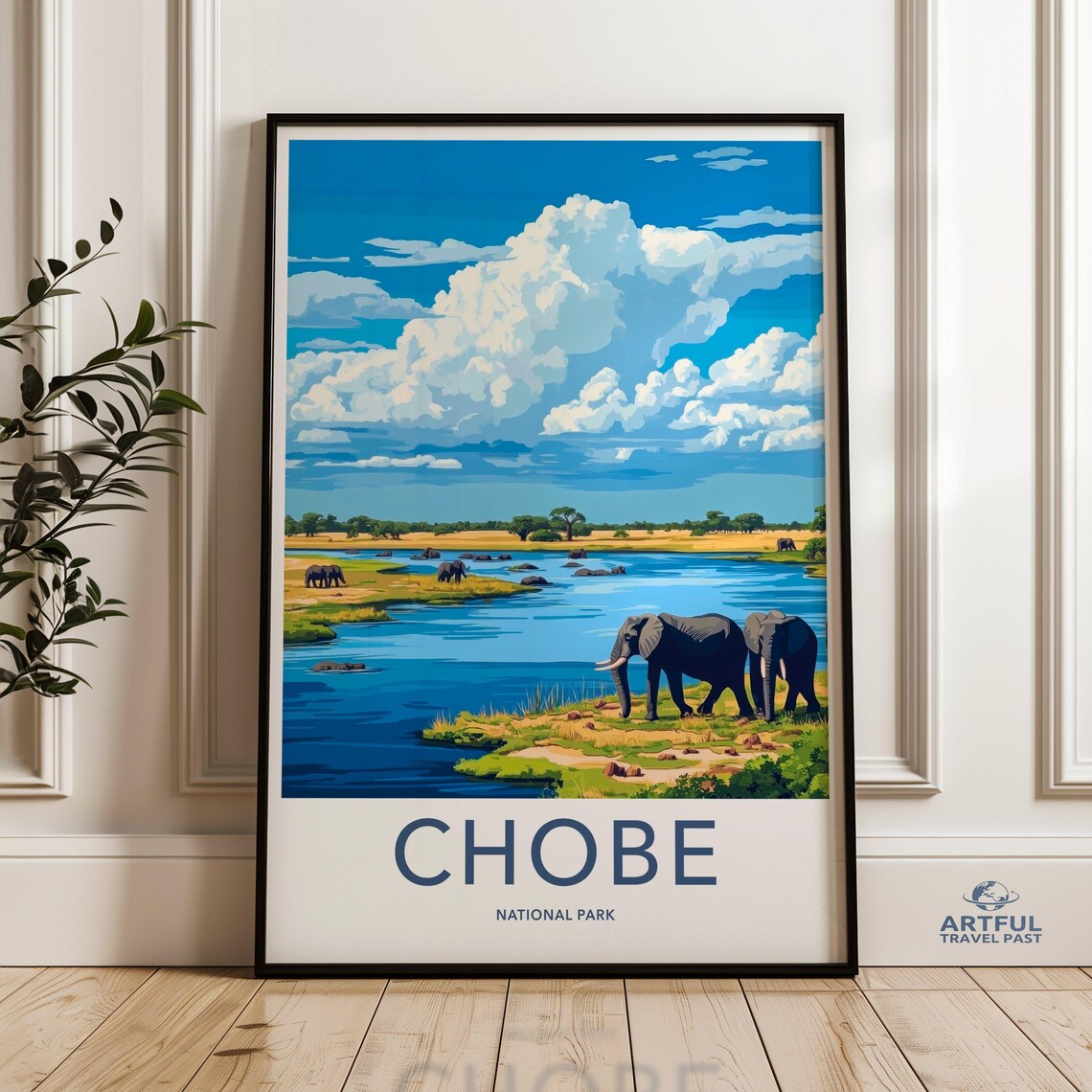 Chobe National Park Elephants by River Vintage Travel Poster