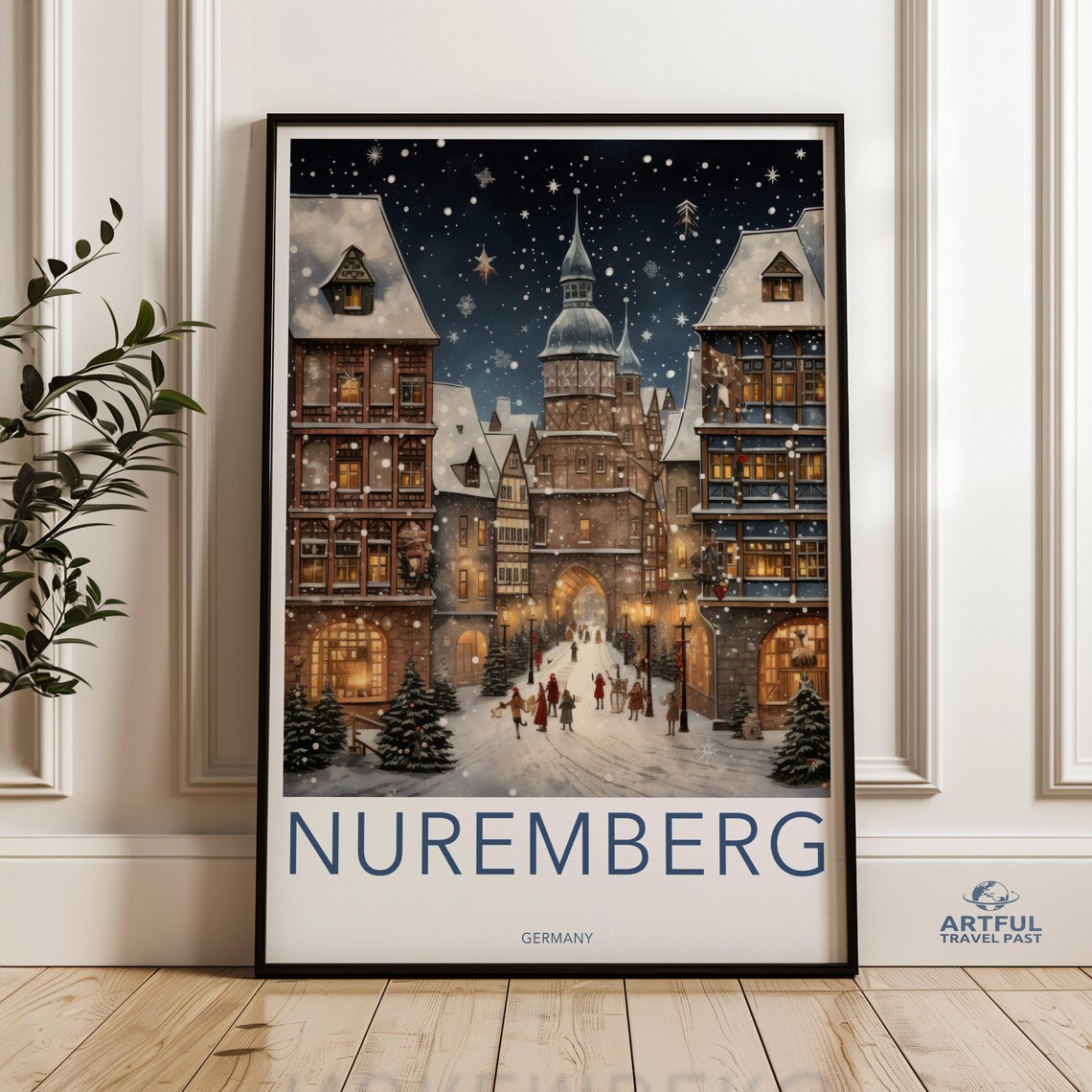 Nuremberg Winter Wonderland Travel Poster Germany Market Scene