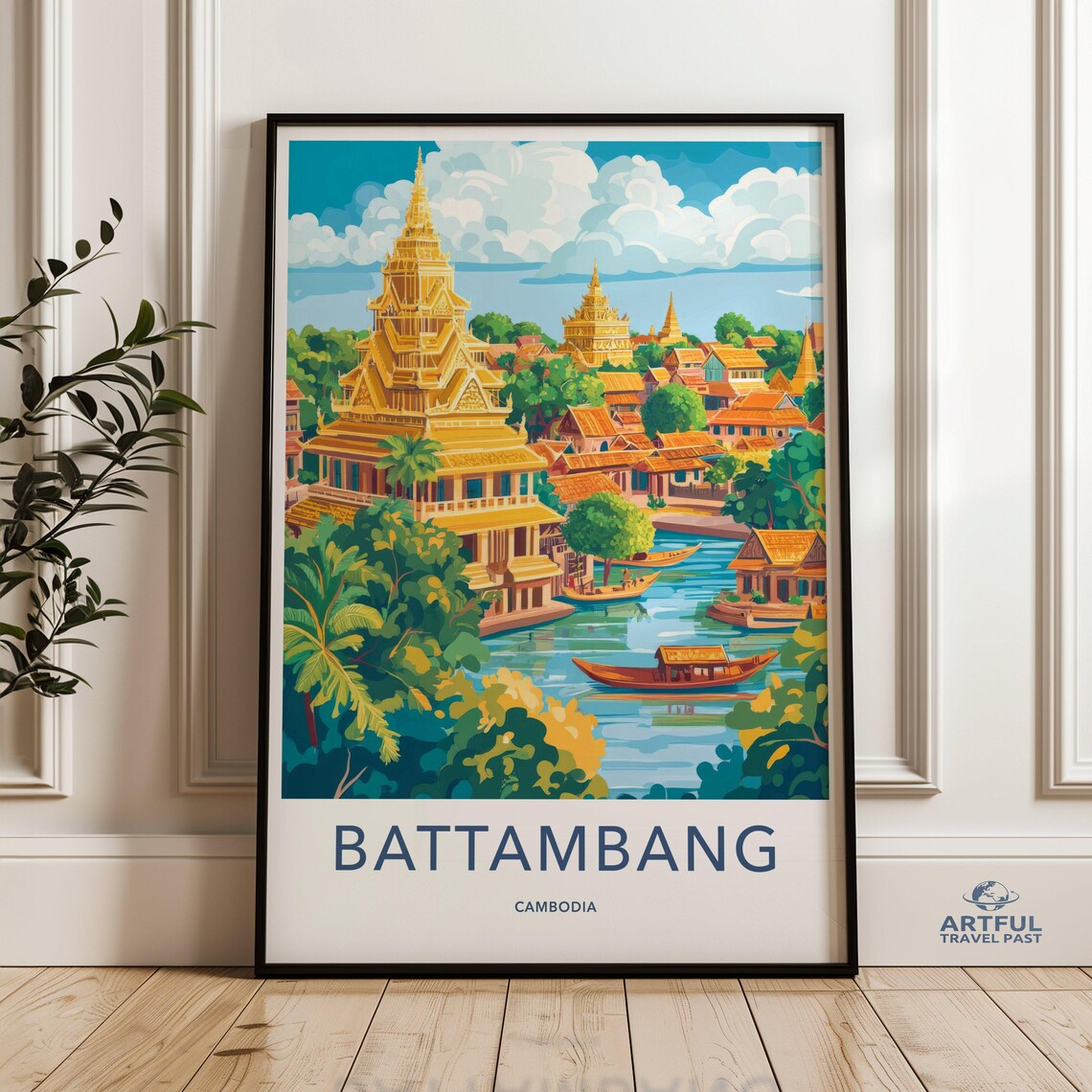 Battambang Cambodia Retro Golden Temple River Boats Travel Poster